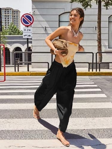 COCOMARTS Womens Linen Wide Leg Palazzo Pants Casual Loose Elastic Drawstring Flowy Pant 2025 Fall Travel Baggy Harem Pants with Pocket Black X-Small - Thumbnail 2