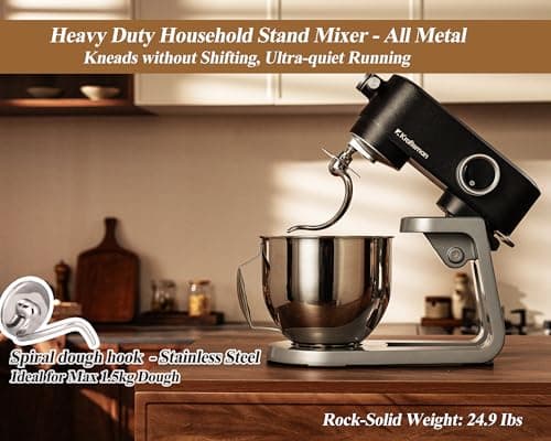 Kraftsman All Metal Stand Mixer 5.3 Quart with 4 Stainless Steel Attachments, Heavy Duty Dough Mixer with DC Motor, Lower Noise, Verstile Mixer with Power Hub, 8-Speed & Timer (Black) - Thumbnail 2