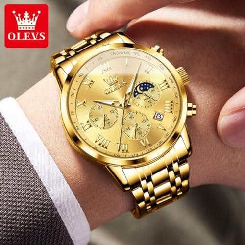OLEVS Luxury Gold Watches for Men Stainless Steel Watches Chronograph Men Quartz Watch Classic Roman Dial Waterproof - Thumbnail 3