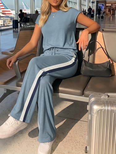 Casly Lamiit 2 Piece Pants Set for Women Travel Set Crew Neck Summer Lounge Sets Cap Sleeve Shirt and Pants Set Blue Grey XS - Thumbnail 4