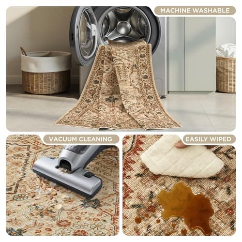 Joydeco Runner Rug 2x5 Non Slip Machine Washable Vintage Hallway Carpet Runner, Low Pile Lightweight Chenille Print Rugs for Entryway, Hallway, Bedroom, Kitchen and Corridor, Tan - Thumbnail 6