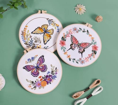 Mozzyyee 3 Sets Embroidery Starter Kit for Beginners Adults Include 3 Embroidery Clothes with Instructions Hoops Floss Thread Fabric Needles (Butterfly) - Thumbnail 2