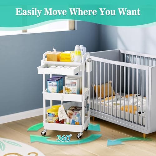 SUNALLY 3 Tier Rolling Cart with Drawer, Bathroom Storage Organizer with 2 Lockable Wheels, Multifunctional Rolling Storage Cart for Bathroom, Kitchen, Office, Craft, Makeup, Baby Essentials, White - Thumbnail 4
