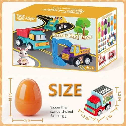 Atiger 18 PCS Easter Egg Fillers with Toys Inside, Easter Basket Stuffers for Toddlers Filled Pull Back Engineering Vehicles Plastic Eggs Party Favors for Kids Egg Hunt Gift Easter Basket Essentials - Thumbnail 2