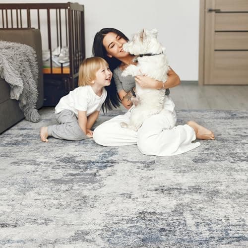 DMOYEST 5x7 Area Rug - Washable & Non Slip Indoor Rug for Living Room, Kid & Pet Friendly Abstract Low Pile Soft Carpet for Bedroom and Dining Room - Grey Blue - Thumbnail 3