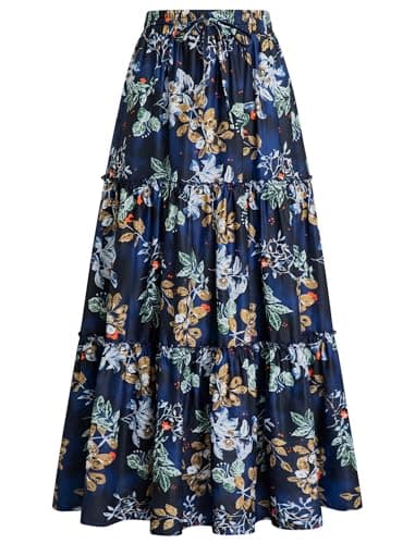 Arolina Boho Skirts for Women Trendy Printed Tiered Maxi Skirts Flowy Pleated Swing A-Line Long Midi Skirt for Vacation Blue Floral - Image 1