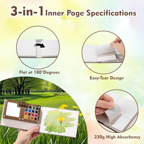 Mini Watercolor Paint Set, Mini Watercolor Travel Kit Wooden Palette with 24 Color, Brush, Sketchbook, Metal Clip, Water Cup for Adults Painting Enthusiasts - Thumbnail 5