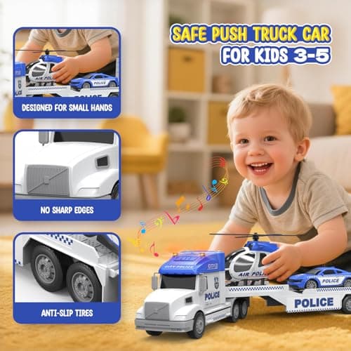 Toddler Toys for 3 4 5 6 Year Old Boys - 27" Large Police Semi Truck Toy with Racing Car and Helicopter, 3-in-1 Friction Powered Transport Vehicle with Lights Sounds, Christmas Birthday Gifts for Boys - Thumbnail 5