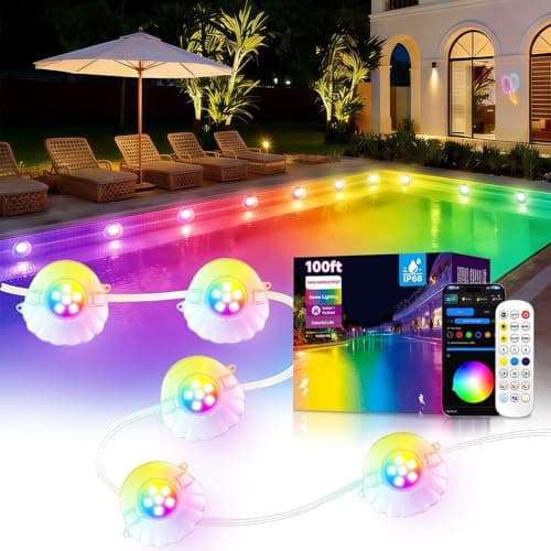 AHAWILL 100FT RGB Swimming Pool Lights for Inground & Above Ground Pools,IP68 Waterproof,Plug-in 16 Shell Pool LED String Lights,Remote/APP Control,16M Colors,DIY Timer,44 Dynamic Modes for Pool Decor - Image 1
