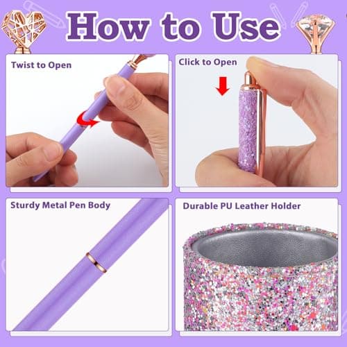 BESARTE 9 Pcs Purple Pens With Pen Holder for Desk, Fancy Pens Purple Gifts for Mom Desk Accessories for Weddings Parties Mothers Day Gifts for Mom Wife - Thumbnail 5