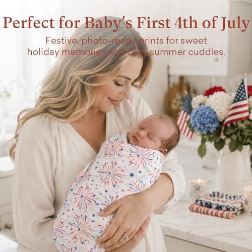 littogoose Premium Swaddle Blankets for Baby, 4 Pack Soft Lightweight 47" x 47" Receiving Blankets for Newborn, Breathable Baby Blankets, Patriotic 4th of July Baby Essentials(Fireworks) - Thumbnail 2