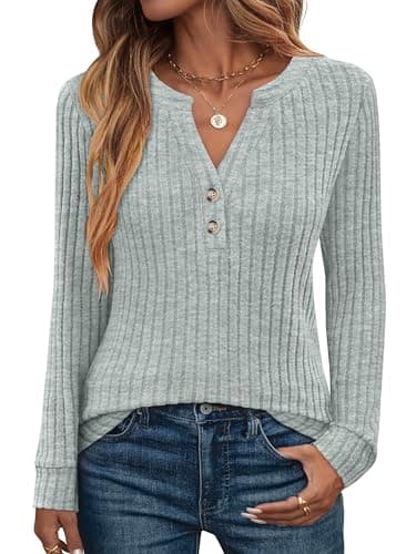 ANRABESS Womens Long Sleeve Henley Shirts 2025 Fall Tunic Tops Ribbed Knit Lightweight Sweaters Dressy Casual Blouse Outfits Green Small