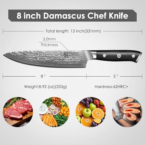 KEEMAKE Damascus Chef Knife, 8 Inch Kitchen Knife, 67 Layers Damascus Knife Professional Kitchen Knives with Japanese VG10 Core, Sharp Chefs Knives with Ergonomic G10 Handle - Thumbnail 2
