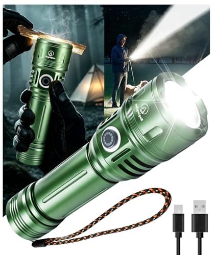 Rechargeable Flashlight High Lumens with Ignition Lens, IP65 Water Resistant Tactical Flashlight with 5 Modes, 3000mAh Battery, Aluminum Flash Light with Wrist Strap for Camping and Emergency - Image 1