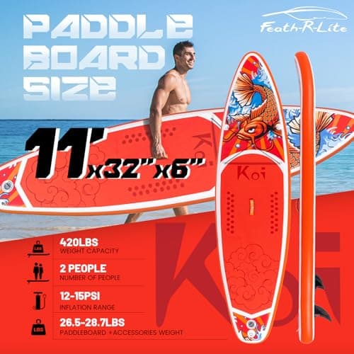 FEATH-R-LITE Inflatable Paddle Board Stand Up Paddleboards for Adults SUP with Premium Accessories Pump, Adjustable Paddle, Leash, Three Fins, Backpack (Red Koi) - Thumbnail 2