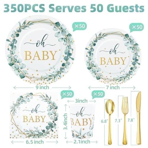 Gudvilla 350 Pcs Sage Green Baby Shower Decorations, Baby Shower Plates and Cups and Napkins Sets Serves 50, Oh Baby Plates with Gold Dots for Boho Baby Girl Boy Neutral - Thumbnail 2