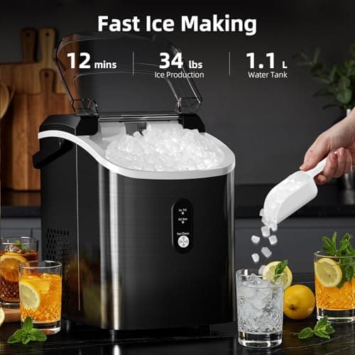 Antarctic Star Nugget Ice Maker Countertop, 34Lbs/24H, Soft Chewable Ice, Self-Cleaning, Portable Ice Machine, Fast Making in 8 Mins, Ice Basket & Scoop, Stainless Steel Black - Thumbnail 2