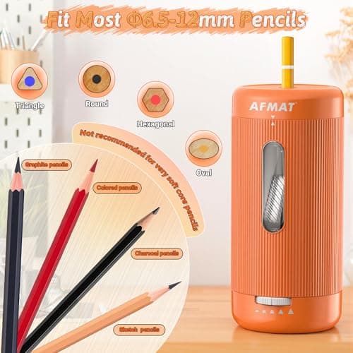 AFMAT Electric Pencil Sharpener, Auto in & Out, 5 Nibs, 7K+ Uses, Fully Automatic Pencil Sharpener for Classroom, Rechargeable Hands-Free Sharpeners for Jumbo/Colored Pencils (φ6.5-12mm) PSC3(Orange) - Thumbnail 3