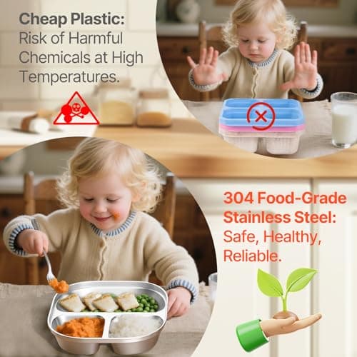 ENCYS Set of 4 Snack Containers,Stainless Steel Kids Plates,Stainless Steel Toddler Plate with Silicone Lids- Reusable Meal Prep Lunch Containers for Kids Non Toxic & 100% BPA Free - Thumbnail 3