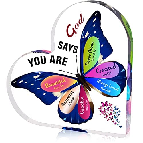 JUNQIU Christian Gifts for Women, Inspirational Faith Gifts for Women Religious, Bible Verse and Encouragement Butterfly Desk Decor, Gift for Mom, Friend, Sister- Acrylic Hearts Plaques - Image 1