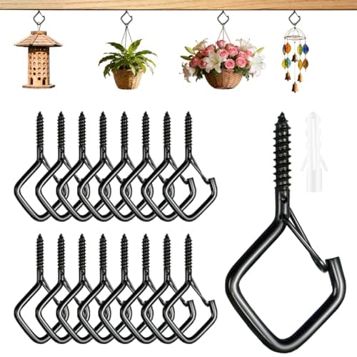 Heavy Duty Screw In Hooks with Safety Buckle, 2.2 IN Black Ceiling Hooks for Hanging Plants & Outdoor String Lights, Windproof Eye Hooks for Christmas Lights, Cups, Bird Feeders (Black, 17Pcs)