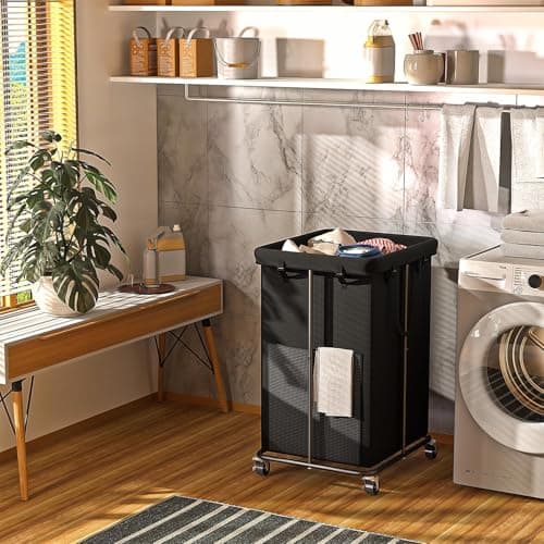 Laundry Basket 155L, Oxford Fabric Laundry Hampers, Metal Frame and Removable Bag Design with Wheels, Suitable for Bedroom, Bathroom, Dorm Room, Laundry Room (Pure Black) - Thumbnail 5