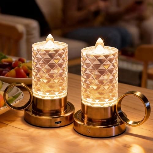 JandCase Flameless Candles, Rechargeable Battery Operated Candles 2 Pack, LED Acrylic Crystal Short Pillar Candles, Dimmable Small Cordless Table Lamp for Valentines Anniversary Wedding Decorations - Image 1