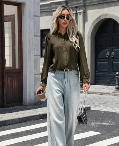 LOOKBOHO Button Down Shirts for Women Dressy Casual Blouses Long Puff Sleeve Shirts Elegant Pleated Tunic Tops Army Green - Thumbnail 4
