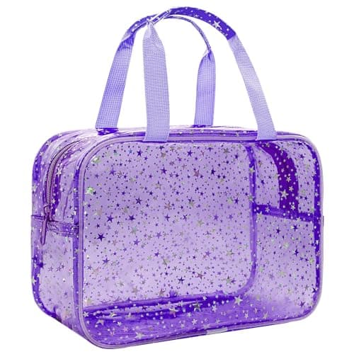 Junesters Clear Purple Star Large Makeup Bag with Star Pattern 12x5x8 inch, Travel Cosmetic Bag with Handle, Durable PVC Material Washbag Zipper Opening Design for Makeup Travel Organizer or Gym Use - Image 1