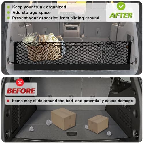 Muslogy Truck Bed Cargo Net Trunk Netting Compatible with 2024-2026 GMC Acadia | Chevy Traverse | 2025+ Buick Enclave Accessories, Pickup Cargo Organizer SUV Sedan Storage Net w/Heavy Duty Carabiners - Thumbnail 6