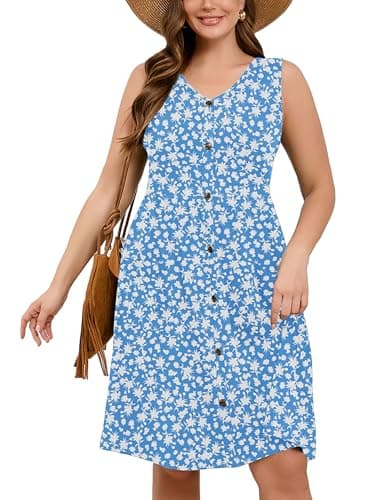 AusLook Plus Size Women Summer Dress Sleeveless V Neck Casual Cute Loose Sundress Blue Butterflies 1X Comfy Swing Button Down Midi Work Flowy Tunic Ladies Beach Vacation Teacher Dresses with Pockets - Image 1