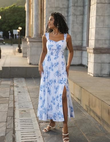 Summer White-Blue Floral Dress for Women 2026,Off the Shoulder Smocked Bridesmaid Dresses,Formal Baby Shower Maxi Dressesl M - Thumbnail 5