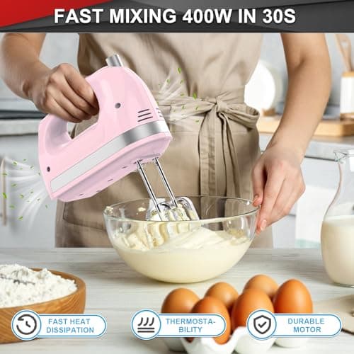 Lord Eagle Hand Mixer Electric Handheld 400W, 5-Speed Lightweight Kitchen Mixer with Storage Case, 5 Stainless Steel Attachments for Baking Cake Egg Cream Food Beater, Turbo+Eject Button, Pink - Thumbnail 4