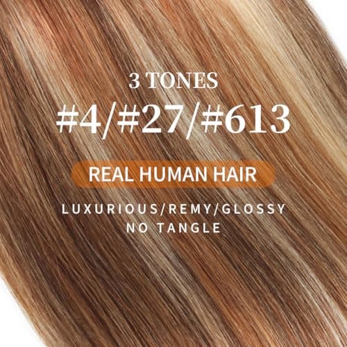 YESHURAY Highlight Bundles Human Hair Straight Virgin Hair Extensions With Brown/Blonde 3 Tones Highlights 3 Bundles/Pack 12 14 16 Inch 100g/Bundle - Thumbnail 3