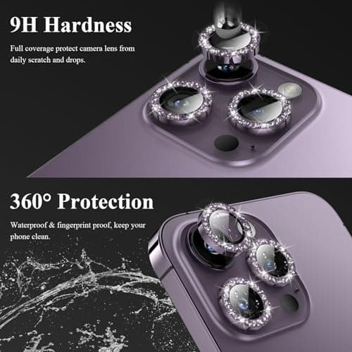 YWXTW Designed for iPhone 14 Pro/iPhone 14 Pro Max Camera Lens Protector Bling, [New Glitter Design] Individual Metal Tempered Glass Camera Cover Accessories Case Friendly, 1 Set (Purple Glitter) - Thumbnail 3