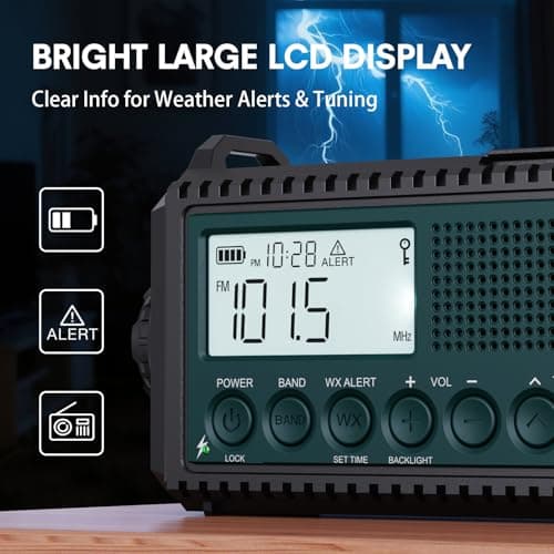NOAA Emergency Weather Radio with Auto Alerts, 5000mAh Solar Hand Crank AM/FM/SW Shortwave Radio with Flashlight, Reading Lamp, Phone Charger, SOS Alarm, Survival Gear, Time Clock & Large LCD Display - Thumbnail 6