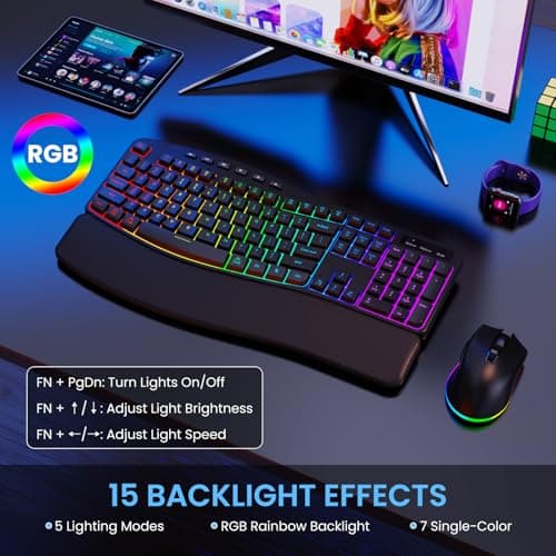 COLIKES Ergonomic Wireless Keyboard and Mouse Silent, Rechargeable Wave Keyboard with 15 Lighting RGB Backlit Effects, Soft Leather Wrist Rest, 3200 DPI Mouse for PC Computer Laptop Windows Mac - Thumbnail 2