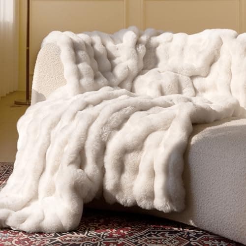 blunique Ultra Soft Cozy Faux Fur Throw Blanket, Fuzzy Plush Thick Bubble Blanket, Luxury Fluffy Blanket for Couch, Sofa, Bedroom, and Living Room, 50x60 Inches, Cream White - Image 1