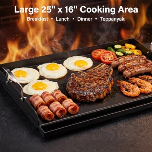 BLUES GRILL PARTS 25" x 16" Pre-Seasoned Nonstick Thickened Cast Iron Griddle - Universal Flat Top with Grease Groove, Reinforced Ridges & High Sidewalls for Gas/Charcoal Grills, Fits Weber, Charbroil - Thumbnail 4