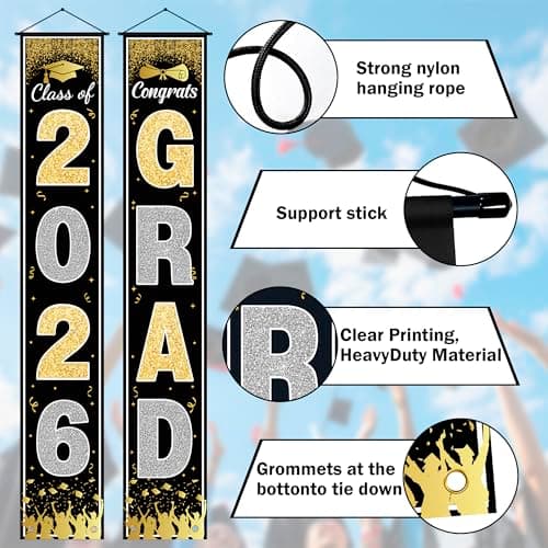 OHOME Graduation Decorations 2026 - Black Gold Congrats Grad Porch Banner for Graduation Party Decorations - Class of 2026 - Party Favors Supplies Backdrop Yard Signs Decor (Black) - Thumbnail 4