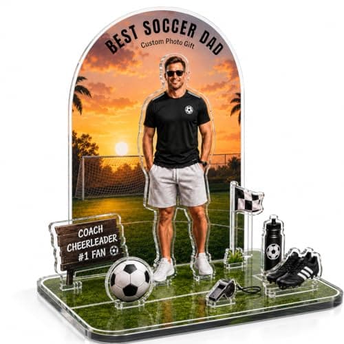 Personalized Acrylic Plaque with Photo, Custom Father’s Day Gift for Dad, First Father’s Day Keepsake, Personalized Acrylic Stand for Dad Husband Grandpa (Soccer) - Image 1