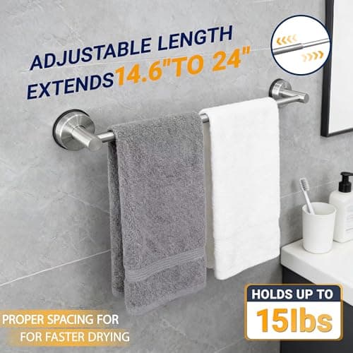 Dovyn No-Drill Stainless Steel Suction Cup Towel Bar, Adjustable 14.6–24 Inch Bathroom Towel Rack for Glass Shower Door & Tile Wall, Heavy Duty Wall Mounted Towel Holder(Silver) - Thumbnail 4