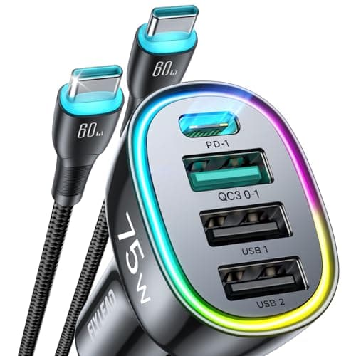 75W Car Charger USB C, 4 Port Super Fast Cigarette Lighter USB Charger, Type C 60W & QC 3.0 Multiport Car Phone Adapter Accessories for iPhone 17/16/15/14 Samsung S26 Series with 3.3ft 60W USB C Cable