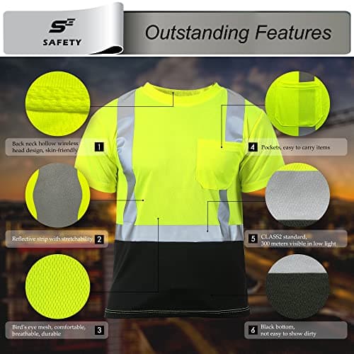 sesafety Hi Visibility Shirts for Men, Safety Shirts with Reflective Strips Class 2, Hi Vis Construction Work Shirt with Pocket Yellow 3XL - Thumbnail 3
