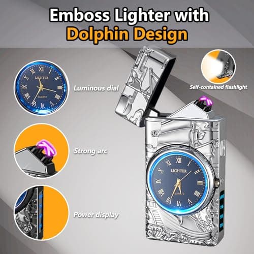 RSBYE Watch Lighter Dual Arc Plasma Electric Lighters USB Rechargeable Lighters with LED Battery Display Cool Lighter with Clock & Flashlight,Unique Gift for Men and Women (Boat Silver) - Thumbnail 2