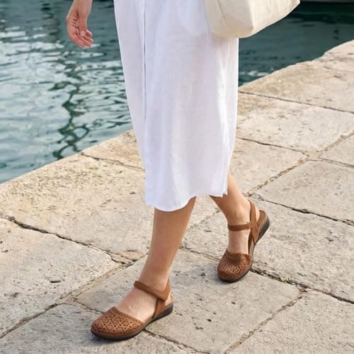 Athlefit Women's Closed Toe Sandals Comfort Cork Footbed Arch Support Flat Sandals Tan Hollow Size 9 - Thumbnail 2