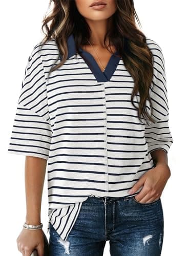 Dokotoo Summer Womens Shirts for Women 2026 Summer Cute Crop Tops White Blue Striped Polo Shirts Womens Blouses Dressy Casual Fashion Vacation Outfits Resort Wear Ladies Loose Fit Polo Shirts XXL - Image 1