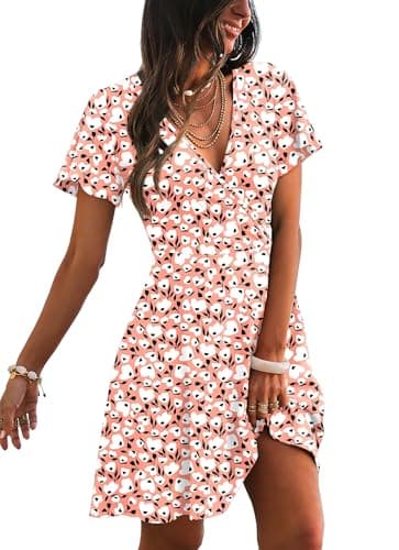 Vacation Outfits for Women Cruise Travel Sexy V Neck Sun Dress Floral Spring Dresses Pink 2XL - Image 1