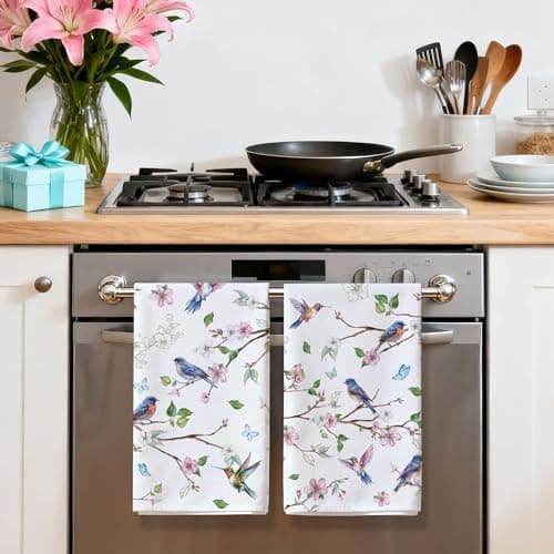 cusugbaso Lamb Easter Kitchen Towels Set of 2 Dish Towels for Kitchen,18x26 Inch Green Buffalo Plaid Easter Decor Sheep Spring Decoration (Floral Bird) - Thumbnail 3