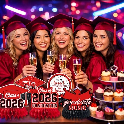 Graduation Decorations 2026 - Red Graduation Honeycomb for Table Centerpiece | Graduation Party Decorations Class of 2026,Table Toppers for Graduation Party Favors Supplies Indoor Outdoor - Thumbnail 6